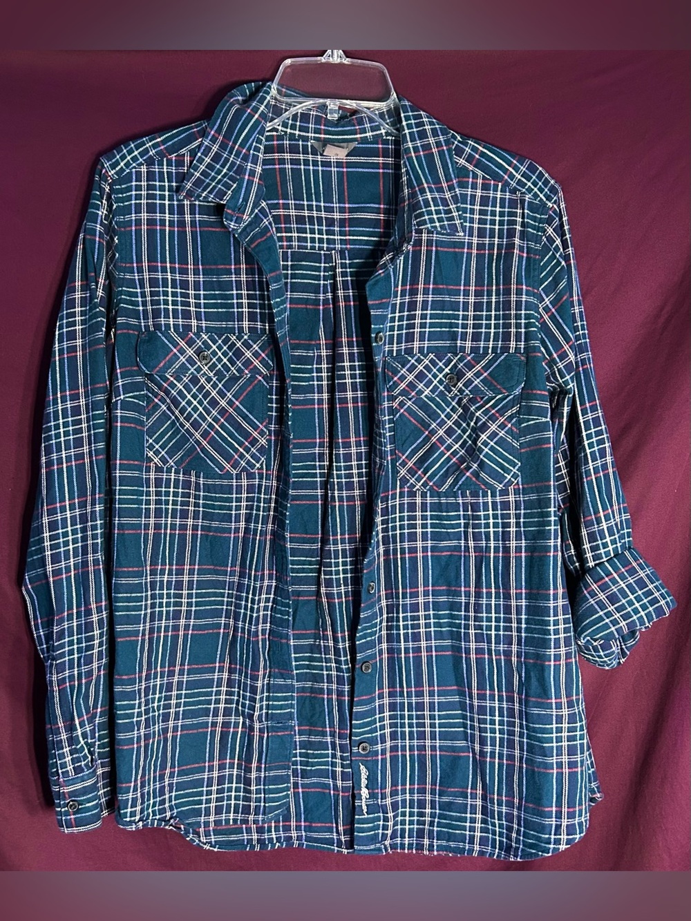 Eddie Bauer Teal Plaid Flannel Shirt with Red and White Stripes